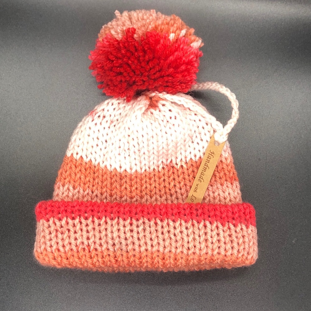 Baby Infant Coral Stripes Pom Pom Knit Beanie Hat Size 3-6 Mo Winter Hat